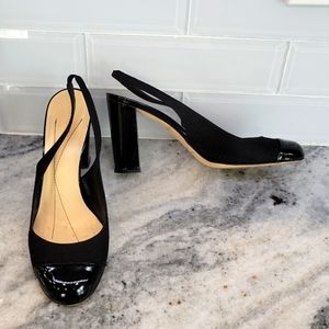 Kate Spade black sling black patent leather fabric block chunk heel 7.5